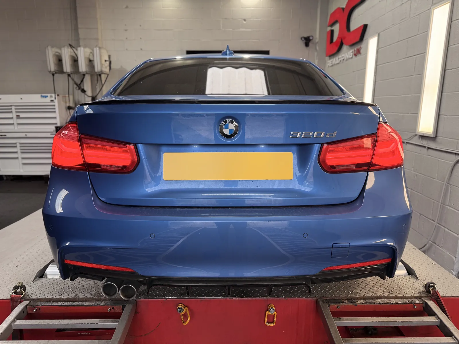 BMW 320d rear view on the dyno