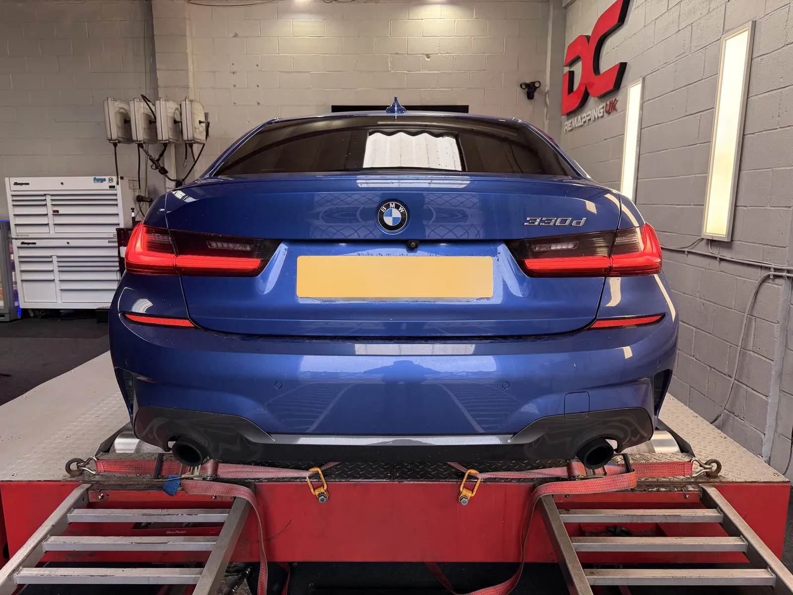 BMW 330d rear view on the dyno