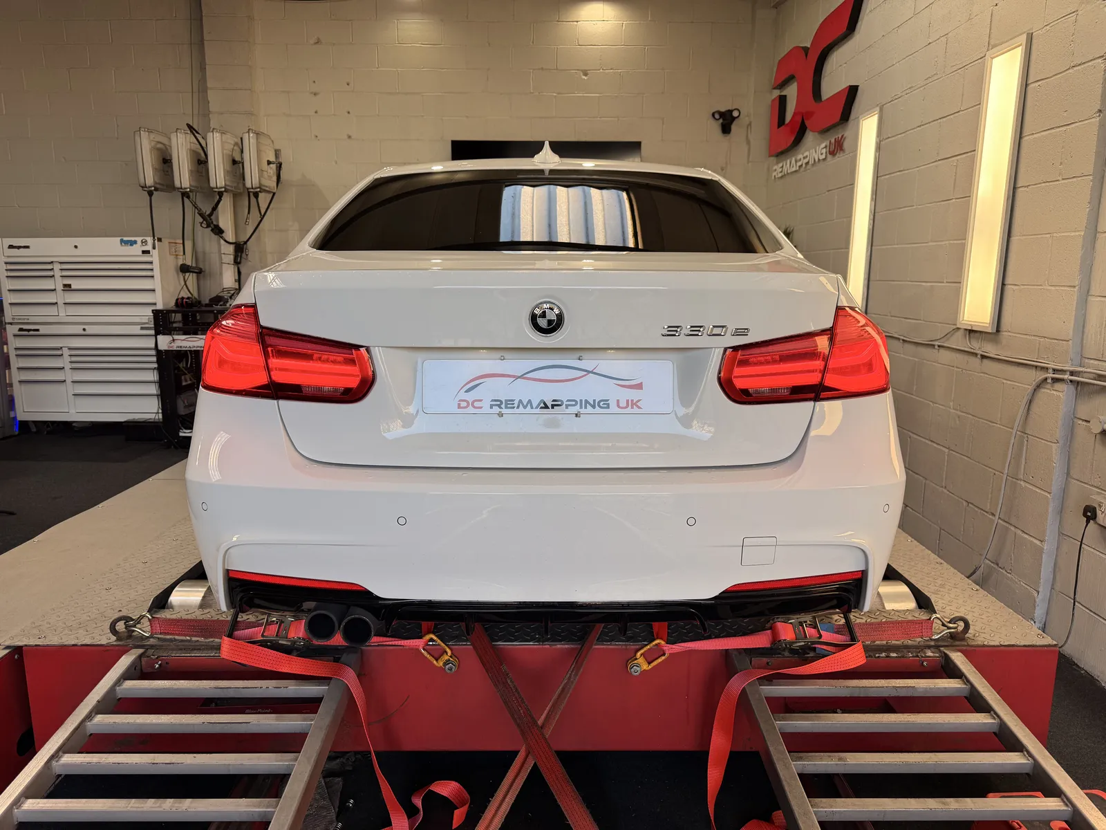 BMW 330e rear view on the dyno