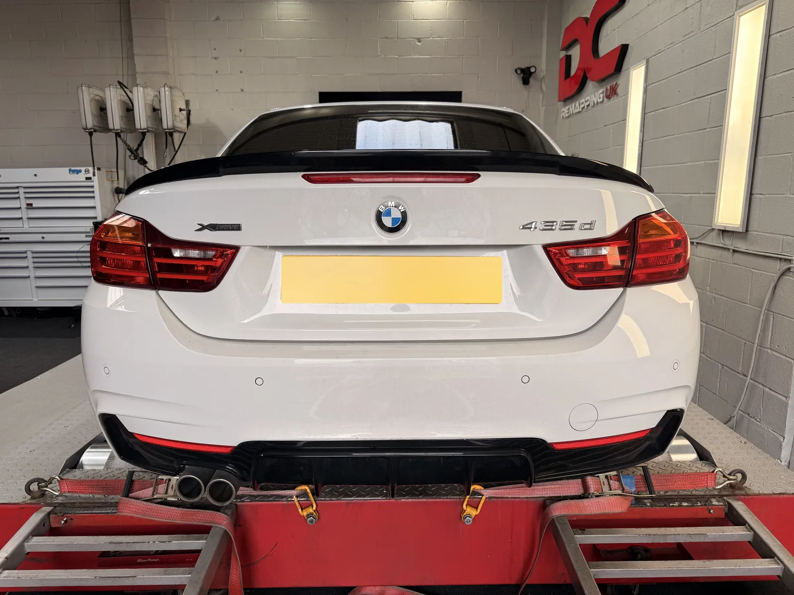 BMW 435d xDrive rear view on the dyno