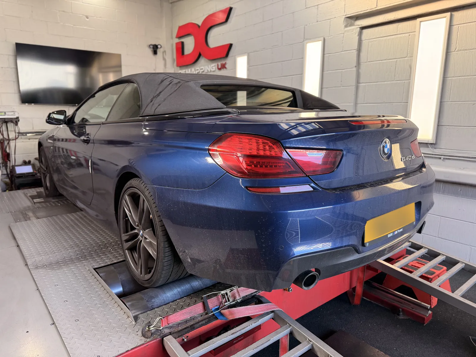 BMW 640d Convertible rear three-quarter on the dyno
