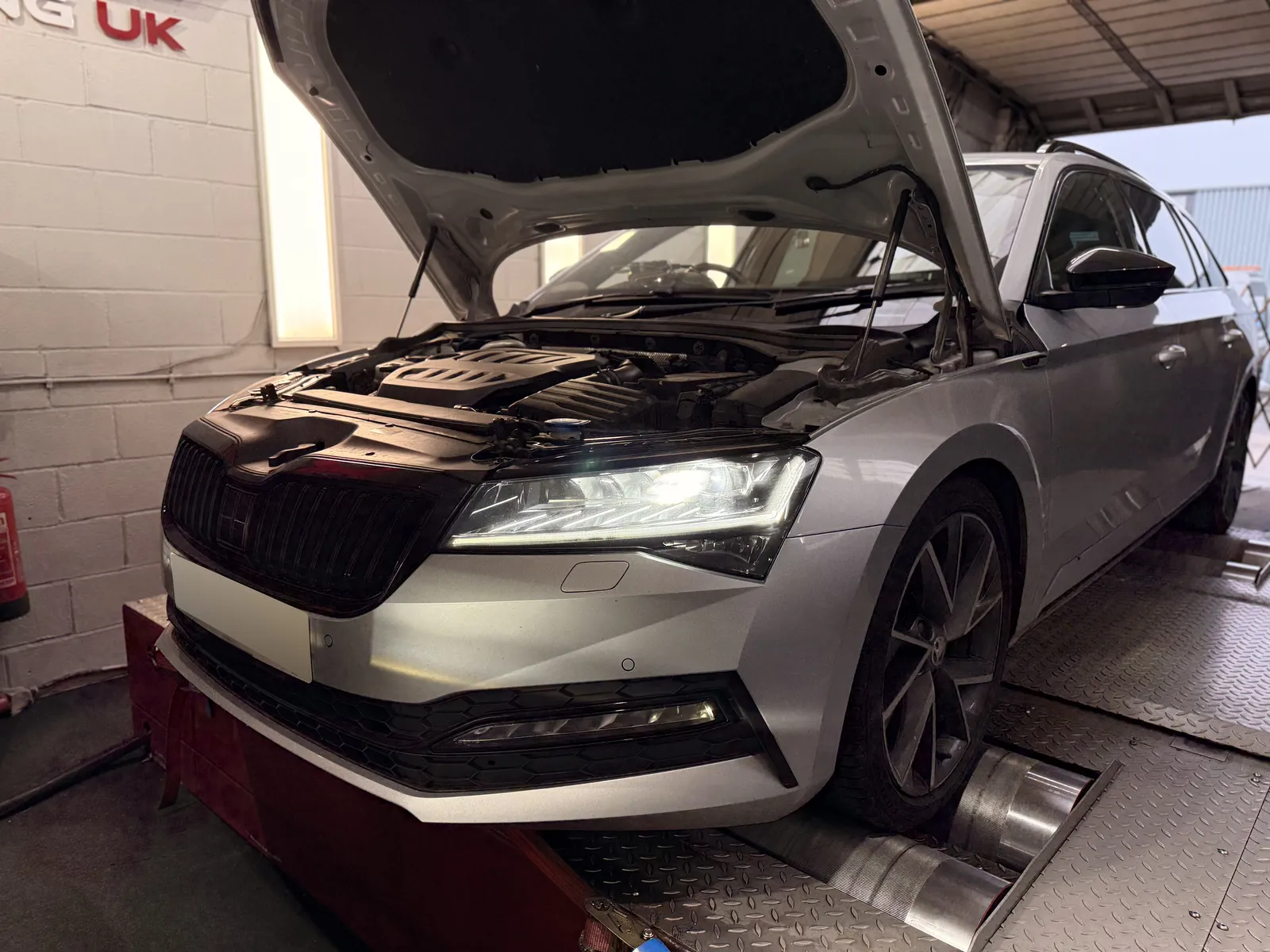Skoda Superb front three-quarter on the dyno with the bonnet up