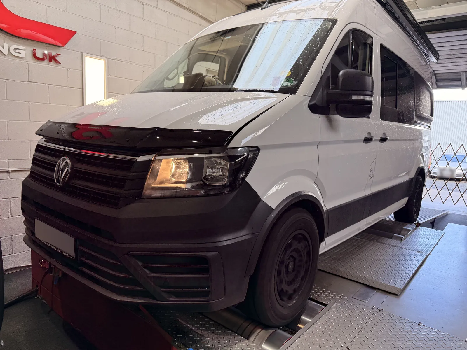 VW Crafter Camper front three-quarter on the dyno