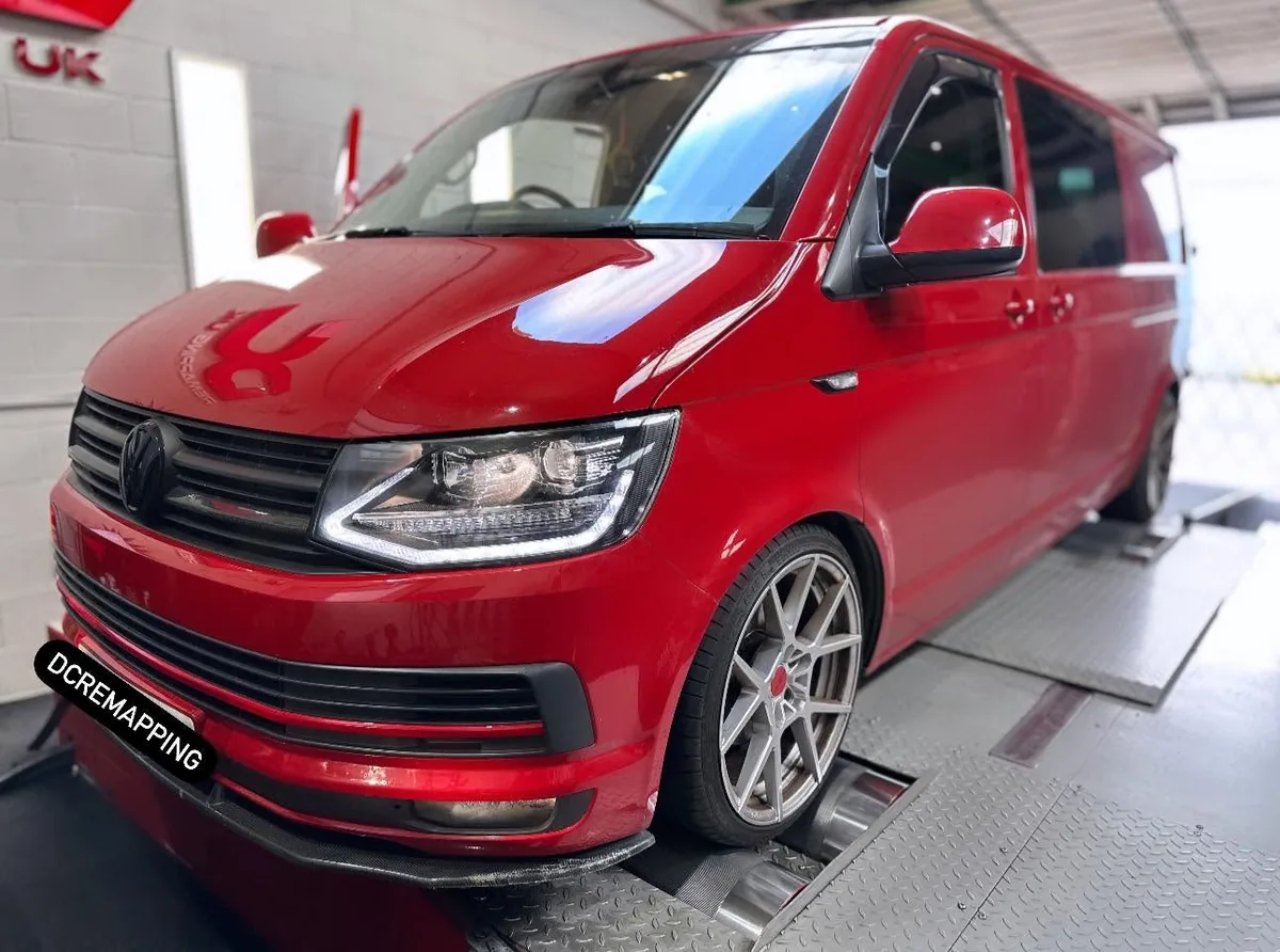 Red VW T6 Transporter on the 4WD linked dyno at DC Remapping UK