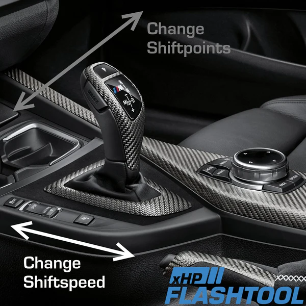 BMW gear selector showing the two things xHP recalibrates: shiftpoints and shift speed